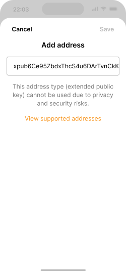 Add address screen showing that an address can't be used